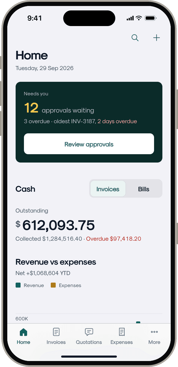 Clearday Home with 12 approvals waiting, outstanding cash and the revenue vs expenses chart