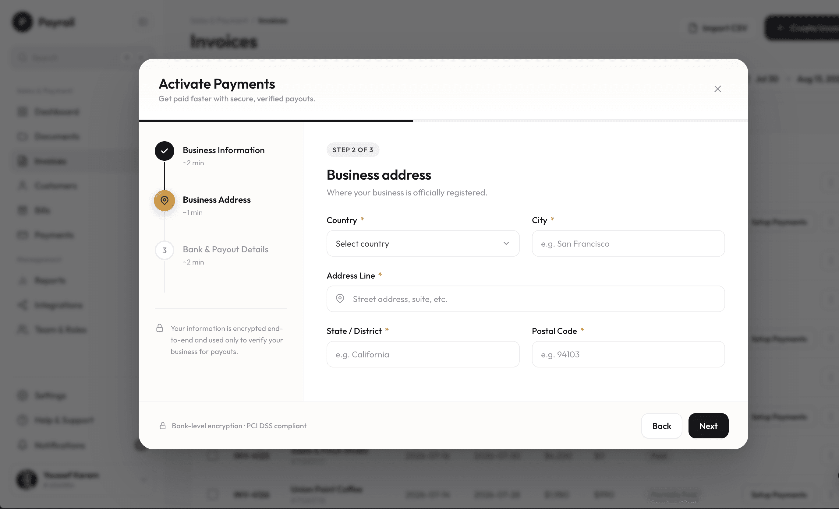 Activate Payments drawer, step 2 of 3: country, city, address line, state and postal code
