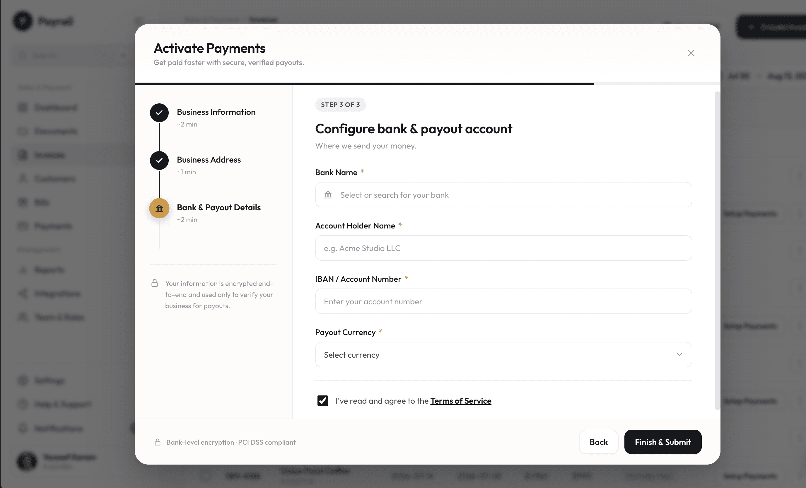 Activate Payments drawer, step 3 of 3: bank name, account holder, IBAN and payout currency, with a terms agreement checkbox