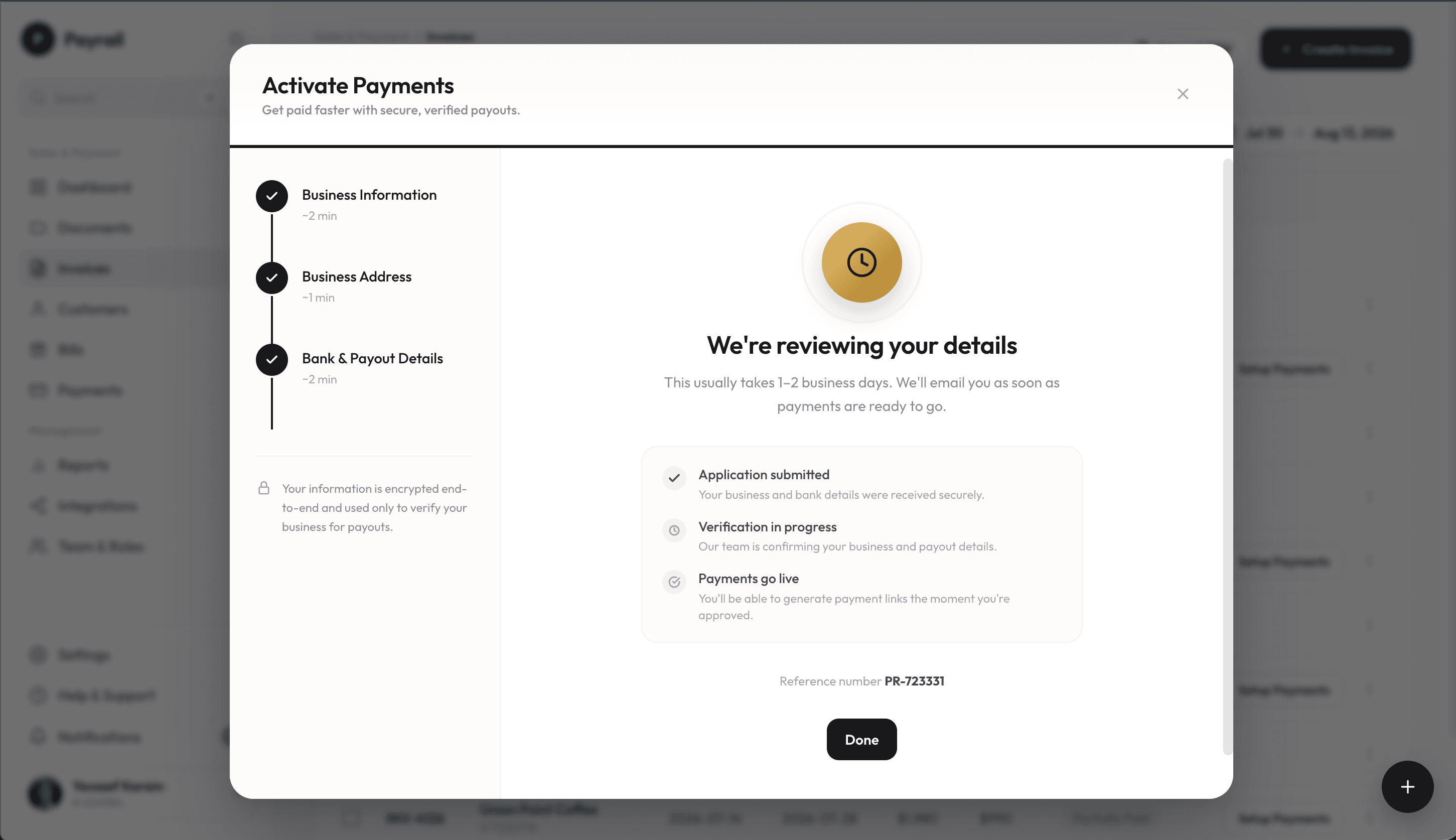 Confirmation screen: we're reviewing your details, with application submitted, verification in progress and payments go live stages and a reference number