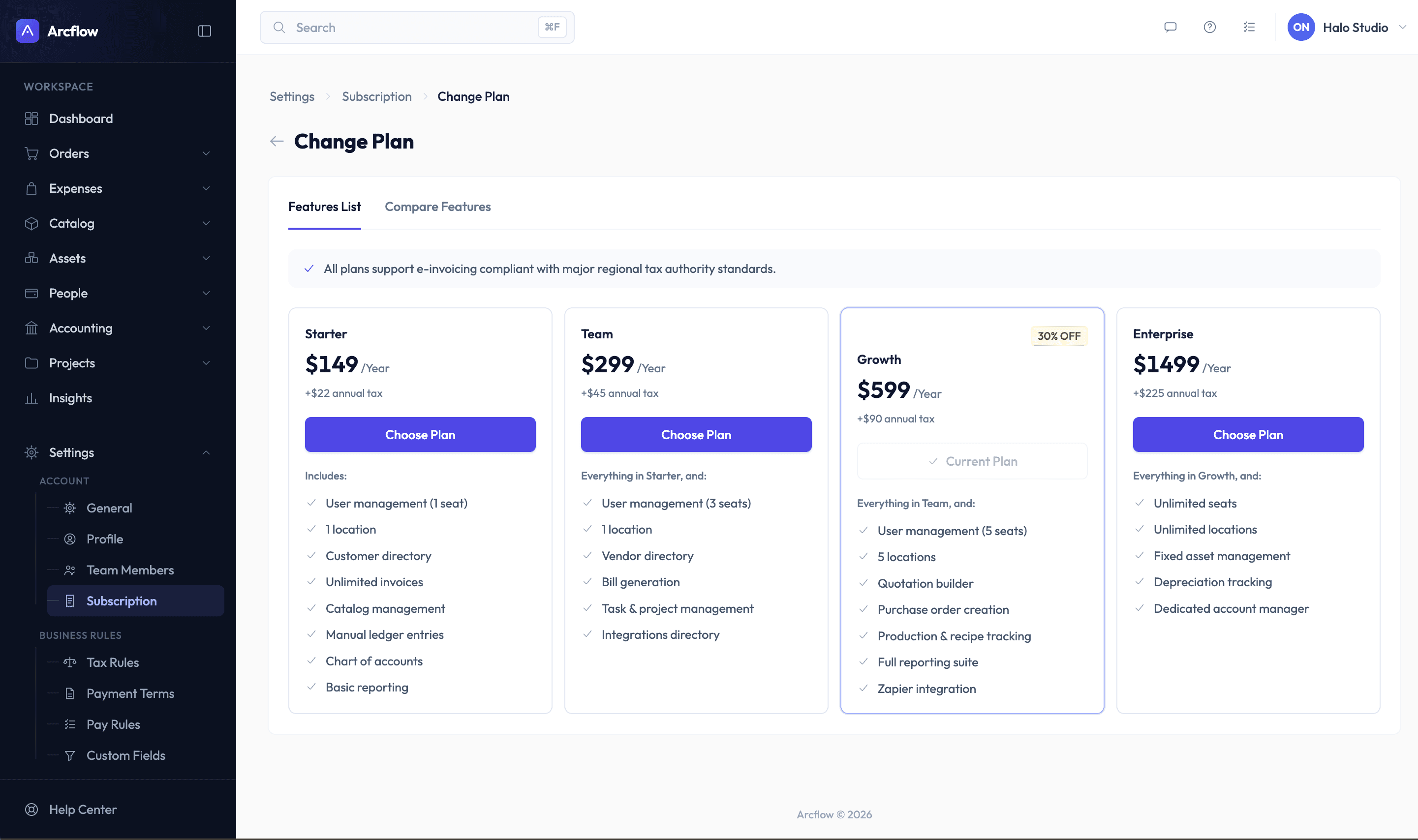 Change Plan page: Starter, Team, Growth and Enterprise plans with prices and feature lists, Growth marked 20% off