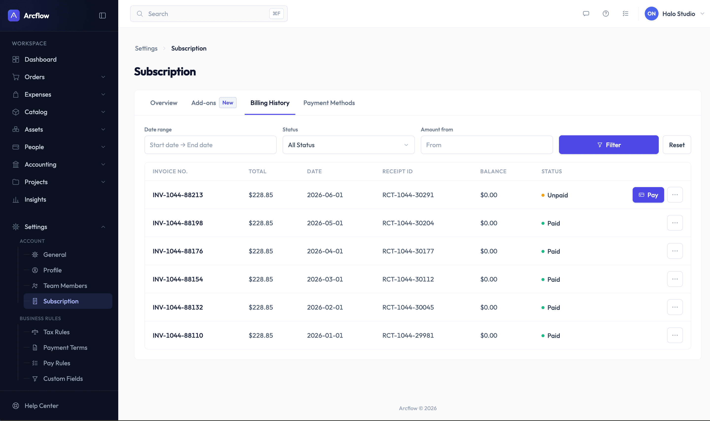 Billing History tab: invoice table filtered by date, status and amount, one unpaid invoice with a Pay button and the rest paid
