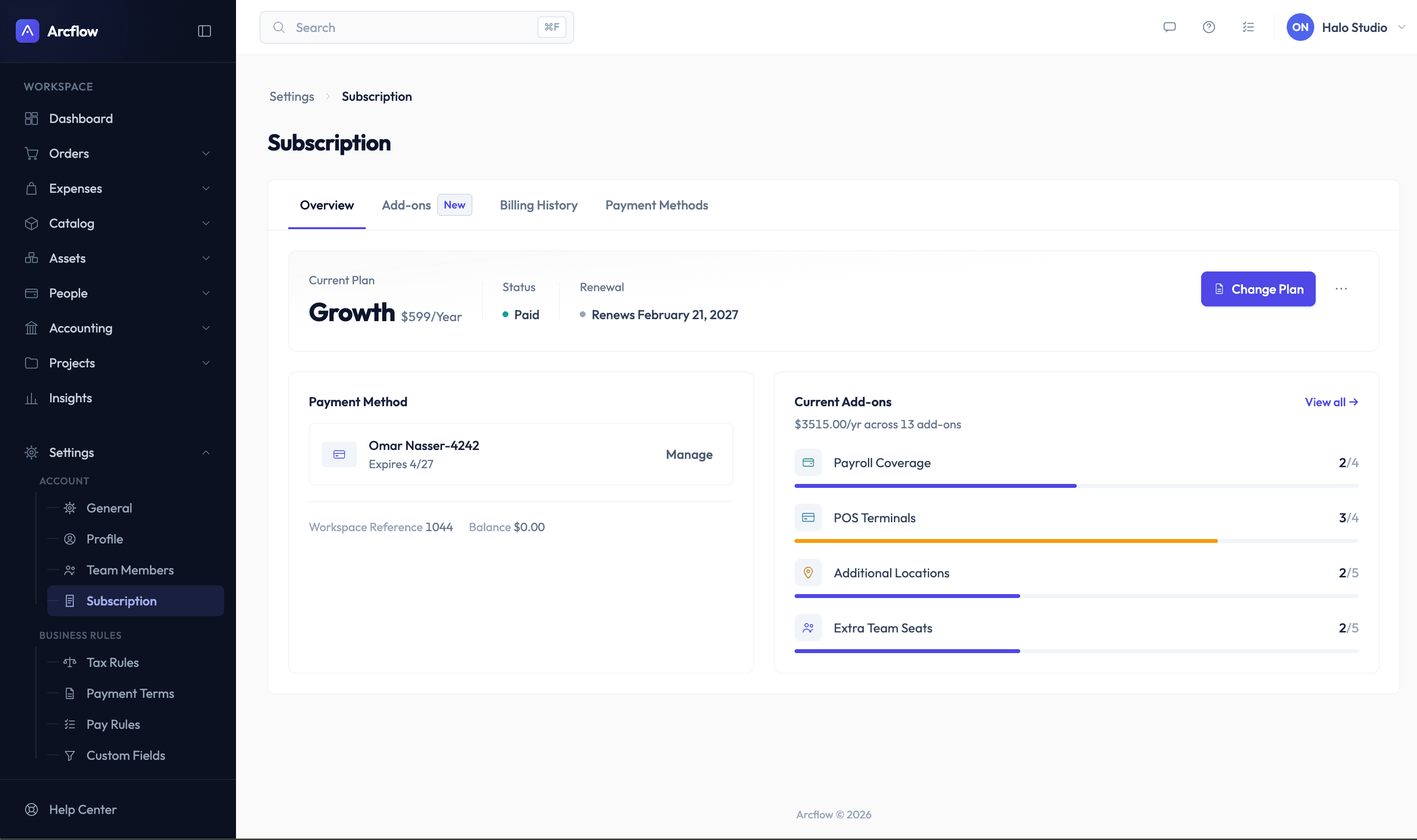 Subscription Overview tab: Growth plan at $599 a year, paid, renewing February 21, 2027, the default card, and usage bars for each add-on