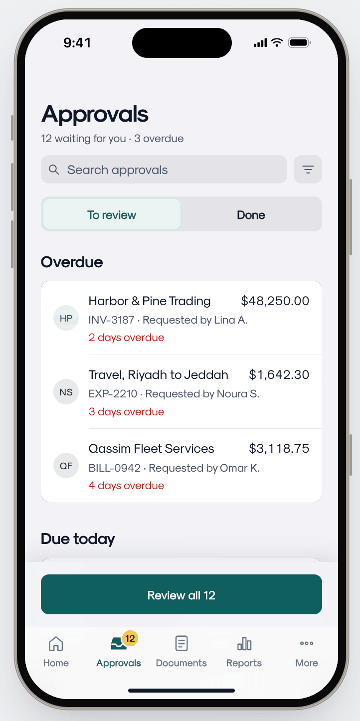 Approvals tab: 12 waiting, 3 overdue, listing an invoice, an expense and a bill