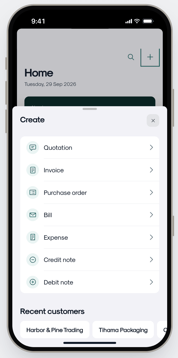 Create sheet listing quotation, invoice, purchase order, bill, expense, credit note and debit note