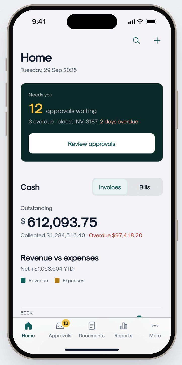 Clearday Home with a tab bar of Home, Approvals, Documents, Reports and More