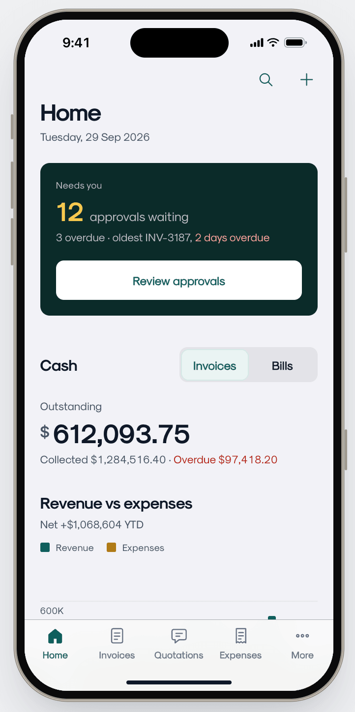 Clearday Home with a tab bar of Home, Invoices, Quotations, Expenses and More