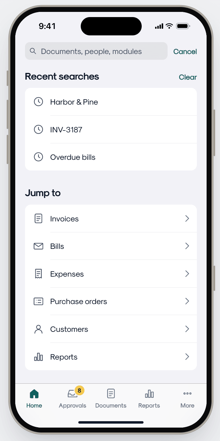 Search screen with recent searches and Jump to shortcuts for invoices, bills, expenses and more