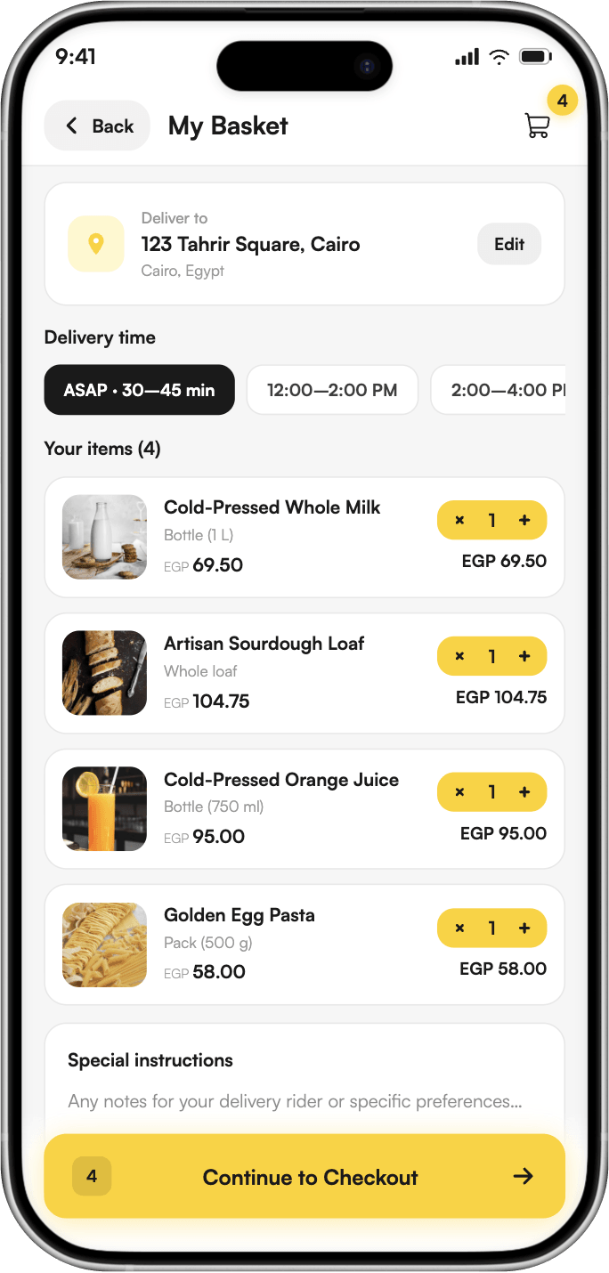 Apex My Basket with four items, delivery slots and Continue to Checkout