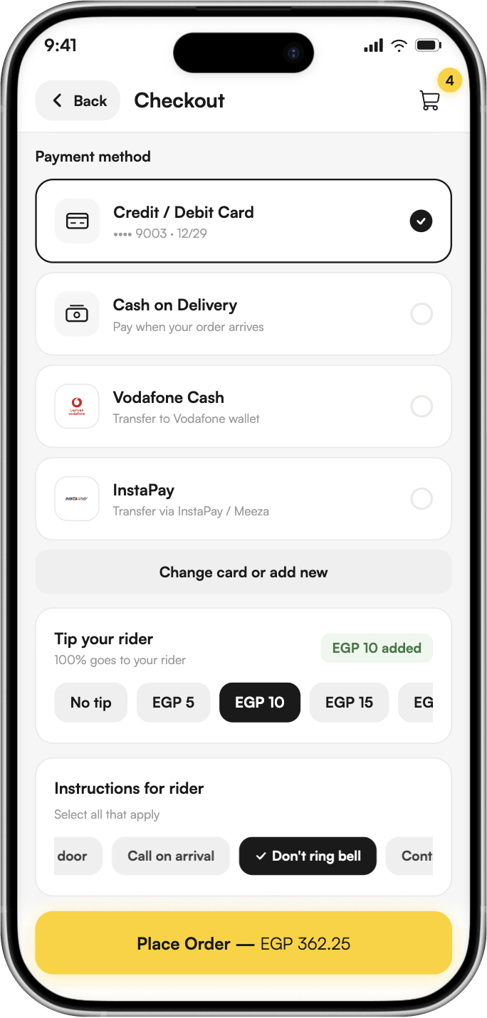Apex checkout with a saved card ending 9003, an EGP 10 tip, Don't ring bell selected and Place Order for EGP 362.25