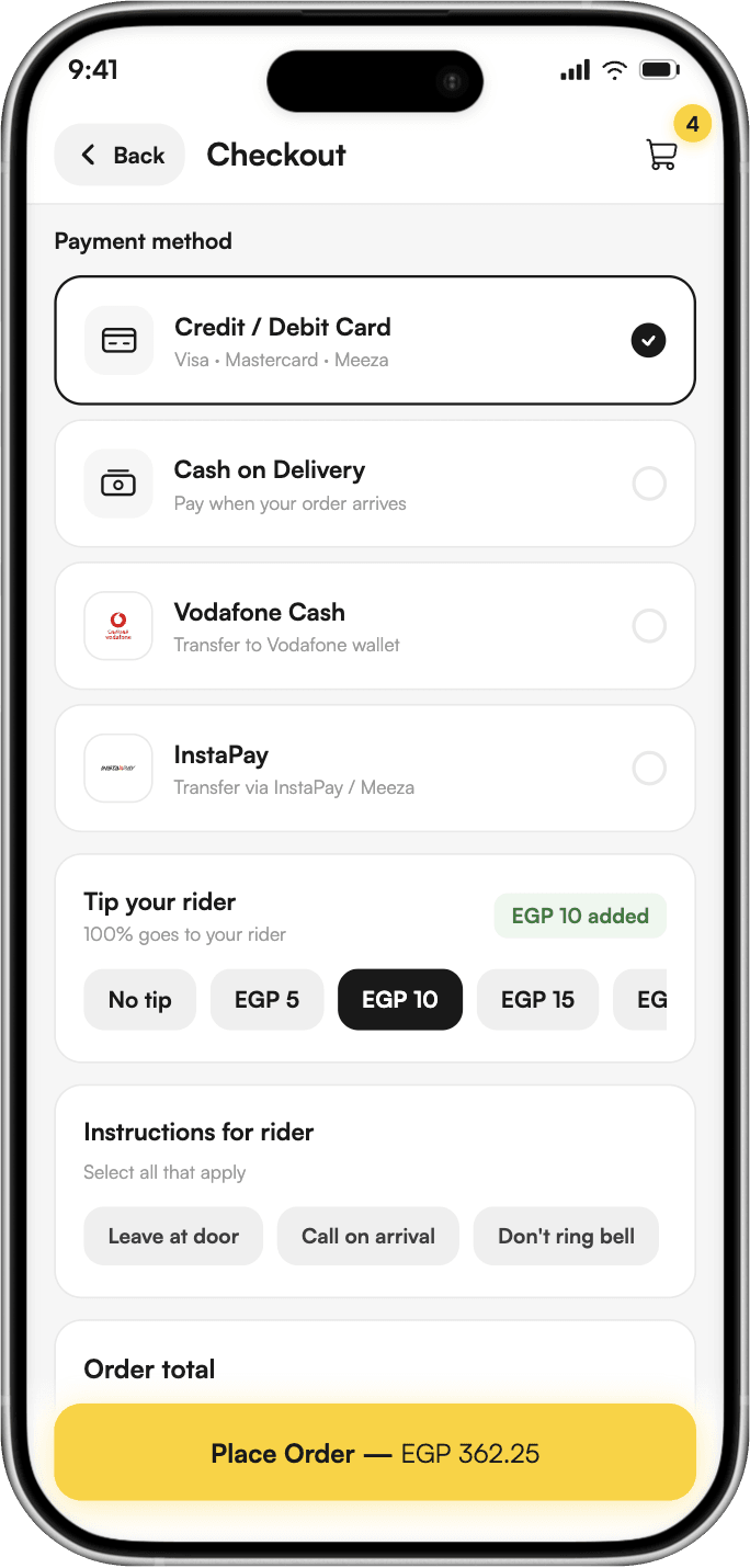 Apex checkout with Credit / Debit Card, Cash on Delivery, Vodafone Cash and InstaPay, an EGP 10 rider tip and rider instructions