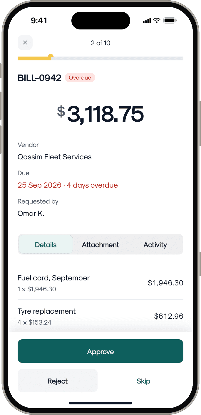 Clearday Review all screen, 2 of 10: bill BILL-0942 for $3,118.75 with Approve, Reject and Skip
