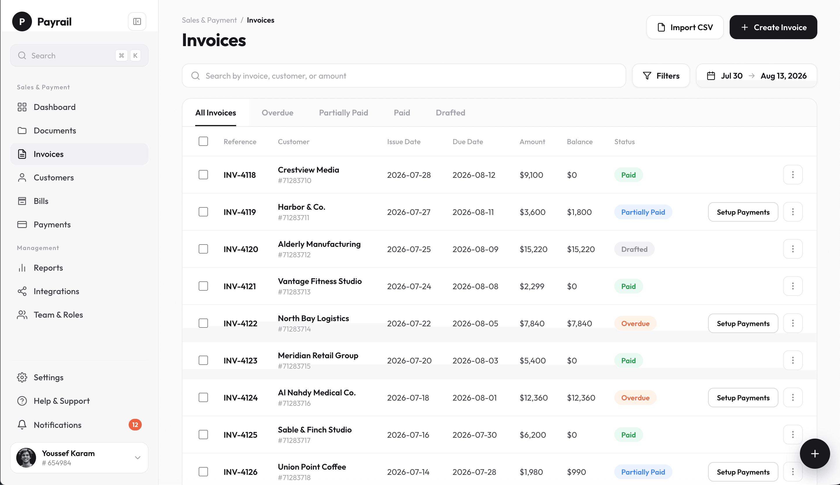 Invoices table before activation, with a Setup Payments button on each unpaid invoice