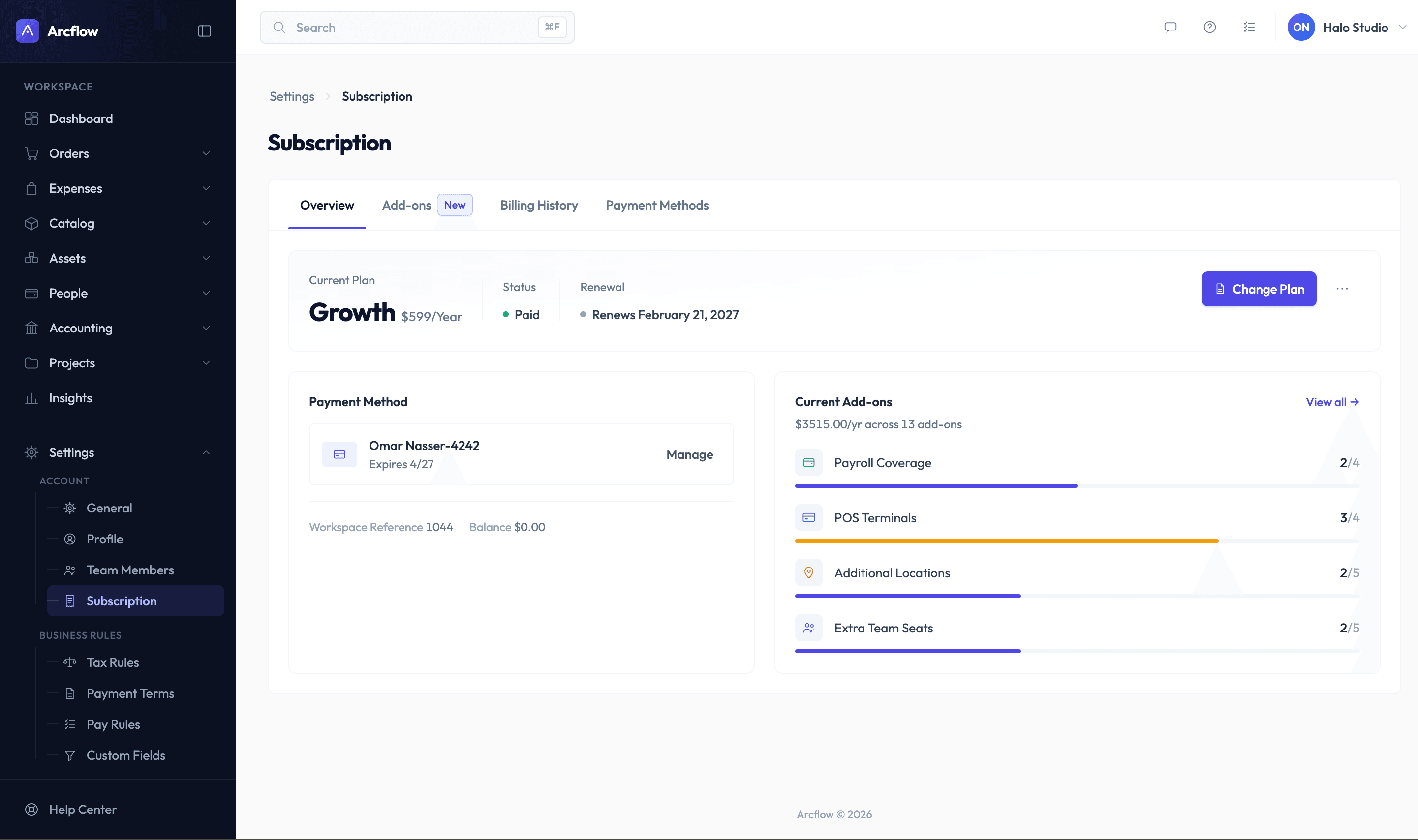 Subscription Overview tab with the current plan, payment method and add-on usage